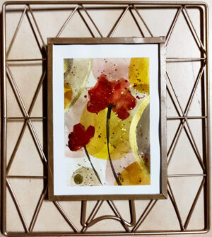 illustration coquelicots avec fond abstrait dans un cadre à la texture maillage.