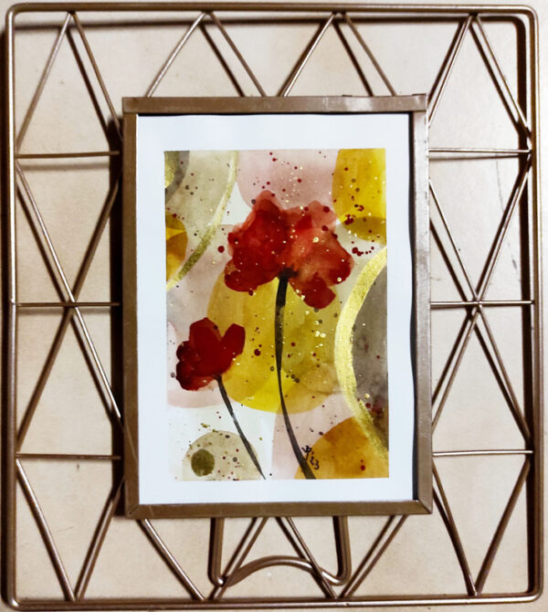 illustration coquelicots avec fond abstrait dans un cadre à la texture maillage.